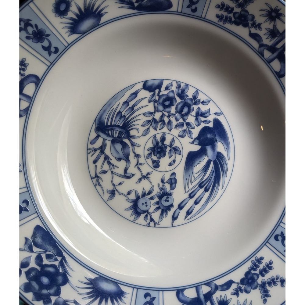 Vtg Blue Heron Soup/Salad Bowl 8" Willow Asian Bird Dynasty Fine Porcelain White